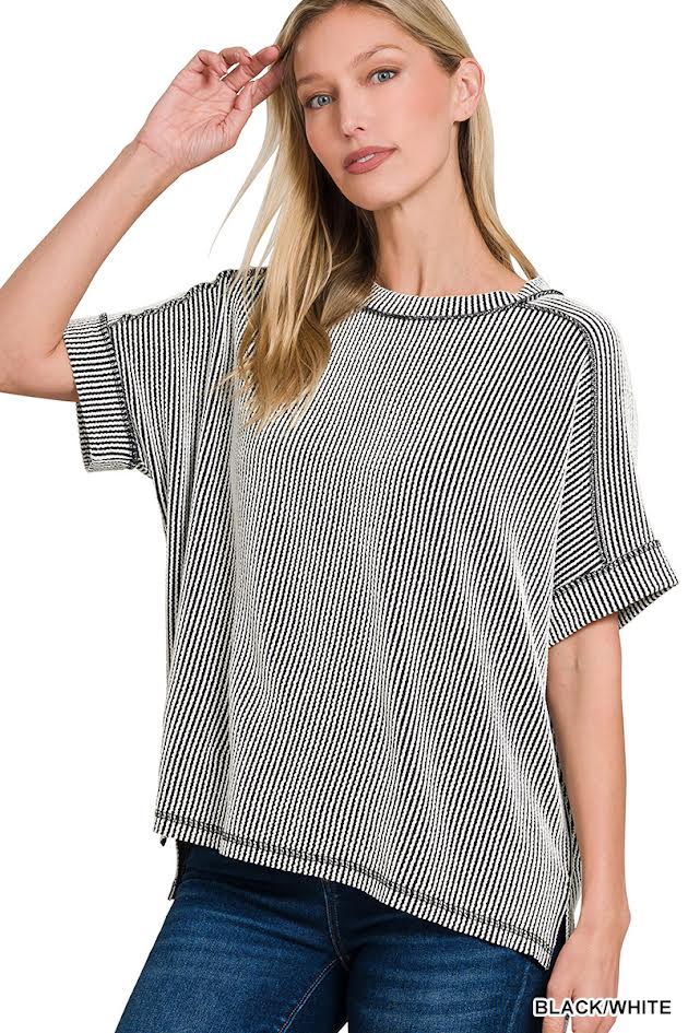 Ribbed Cuffed Short Sleeve Top