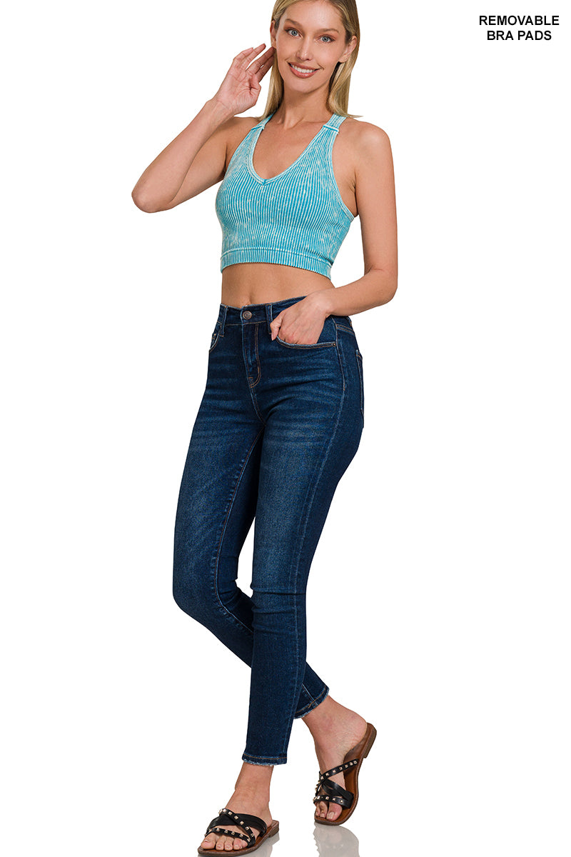 Stone washed seamless racerback tank top w bra pad