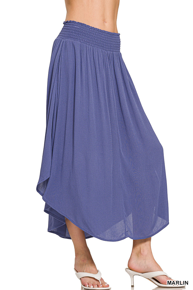 OL Woven Crinkle Smocked Waist Side Slit Maxi Skirt With Pockets