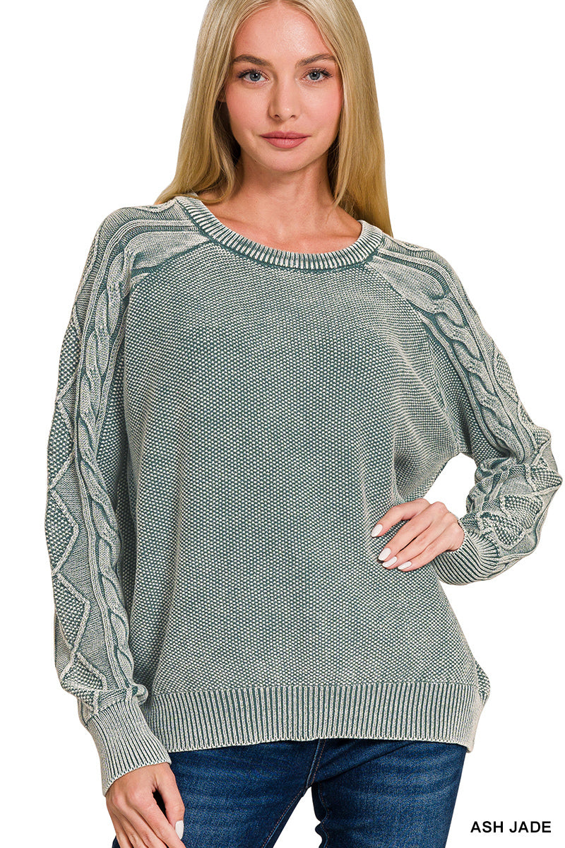 OL Stone Washed Cable-Sleeve Crewneck Sweater