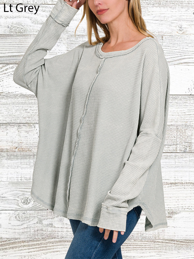 Long Sleeve Washed-Out Waffle Top