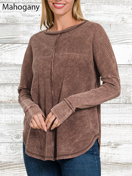 Long Sleeve Washed-Out Waffle Top