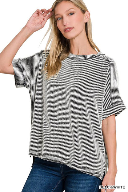 Ribbed Cuffed Short Sleeve Top