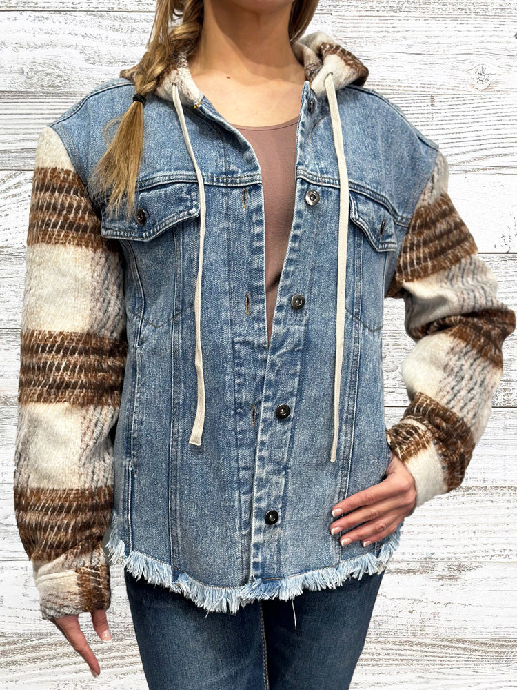 Plaid Sleeve Denim Jacket