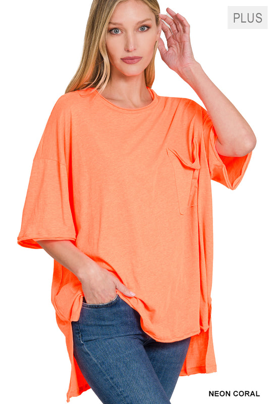 Plus Oversized Front Pocket Raw Edge Top