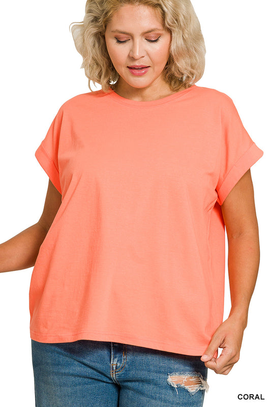 OL Plus Round Neck Folded Short Sleeve T-Shirt