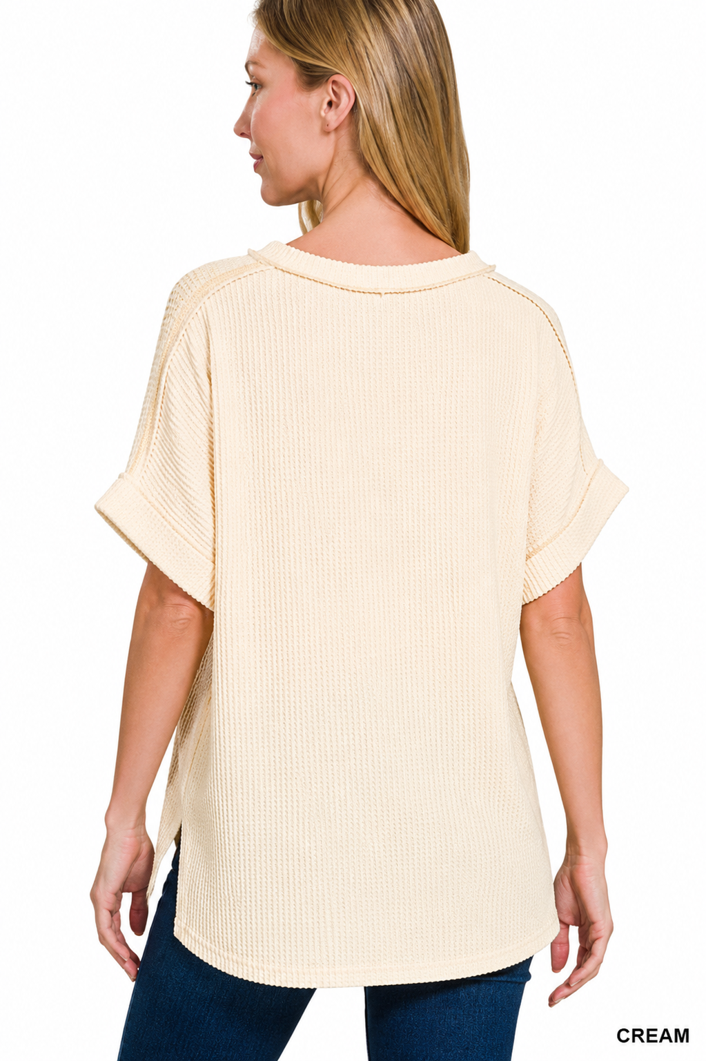 Ribbed Cuffed Short Sleeve Top