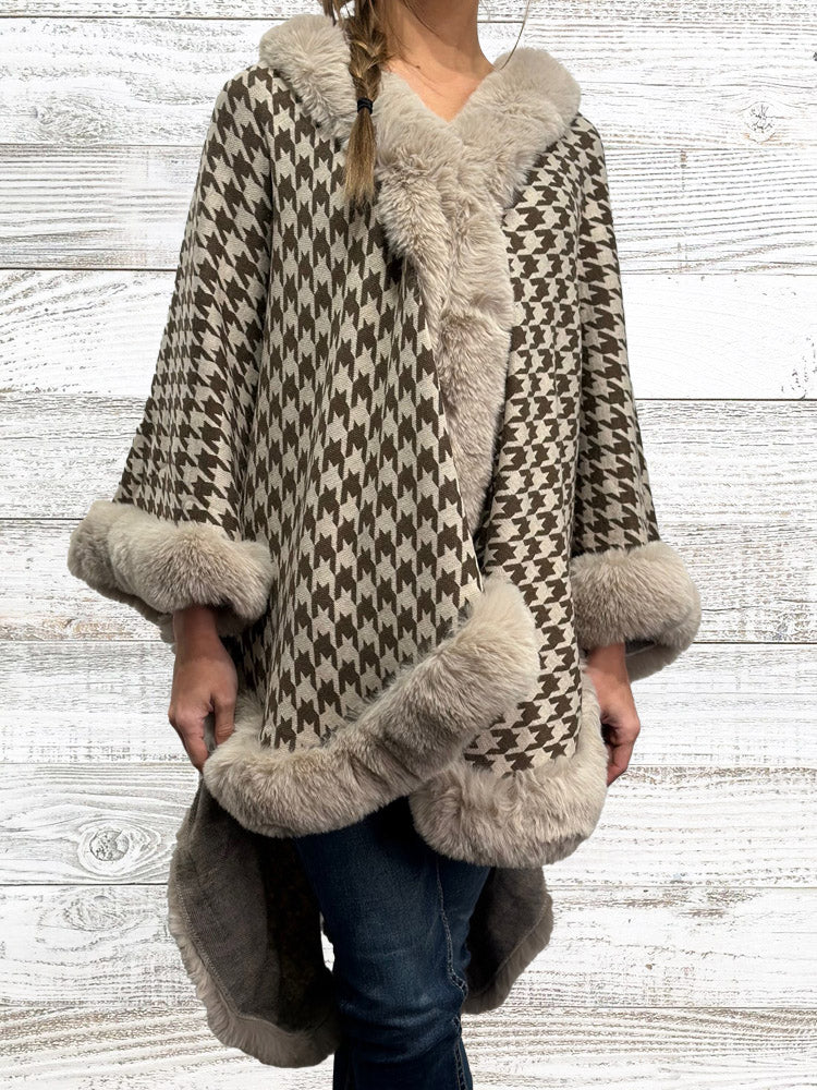 Houndstooth Cape w/ Faux Fur