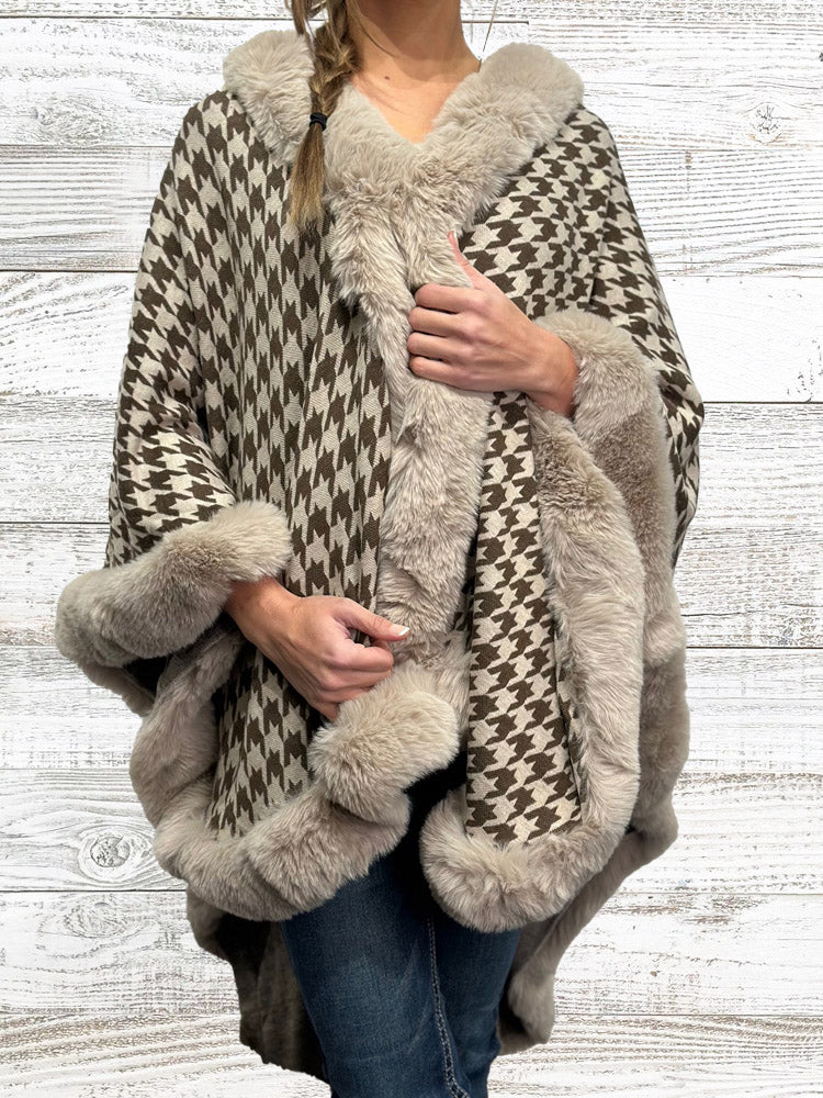 Houndstooth Cape w/ Faux Fur