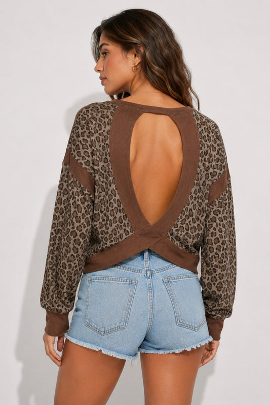 Long Sleeve Animal Print Open Back Top