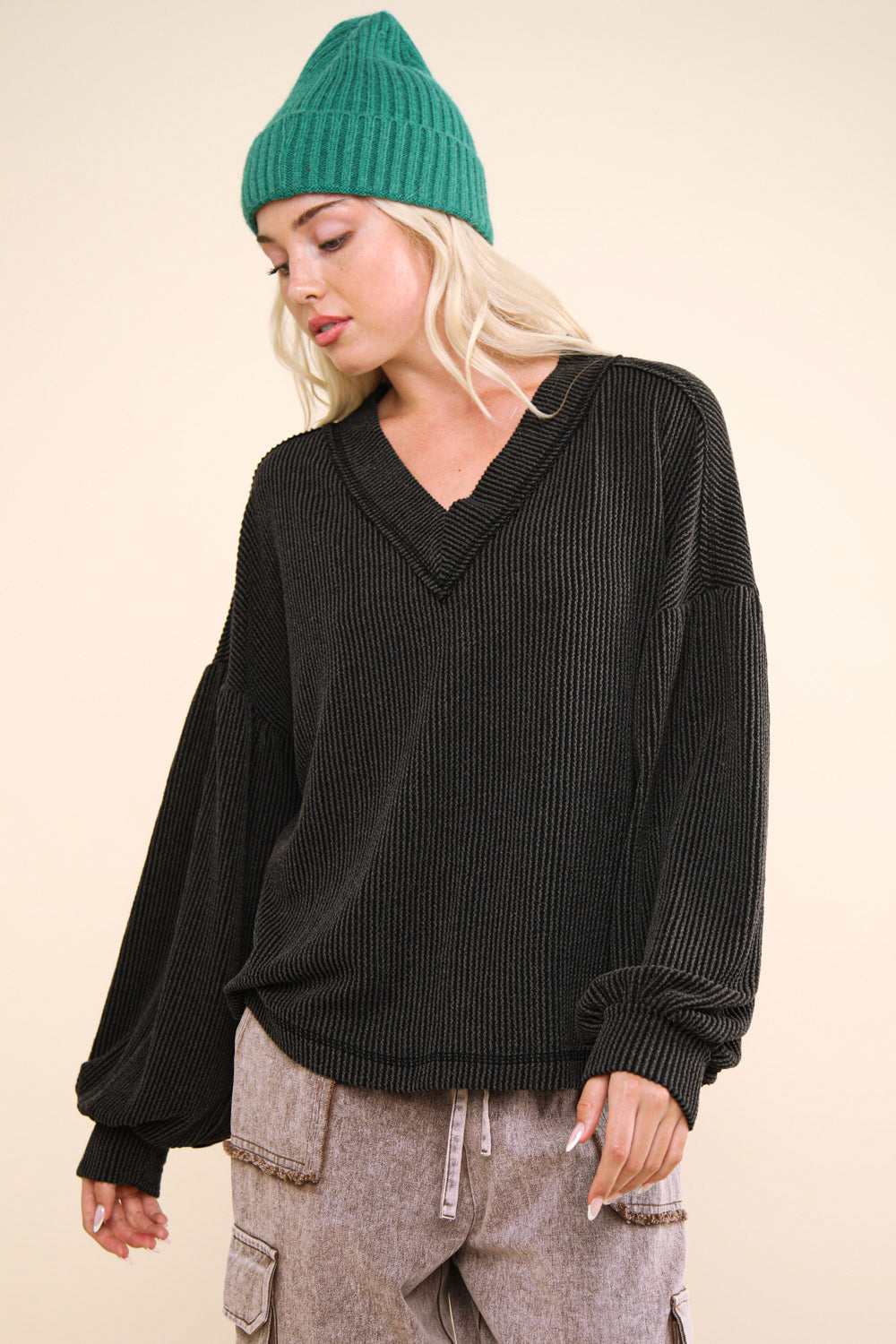 Ribbed V Neck Oversized Knit Top