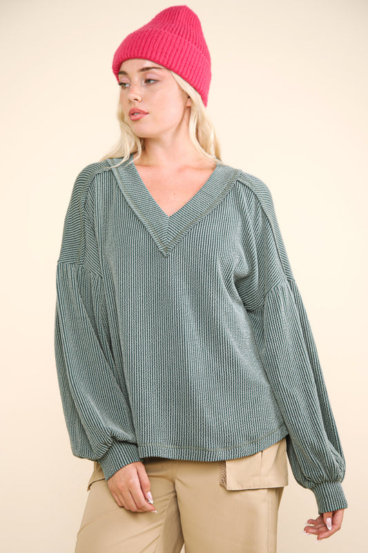 Ribbed V Neck Oversized Knit Top