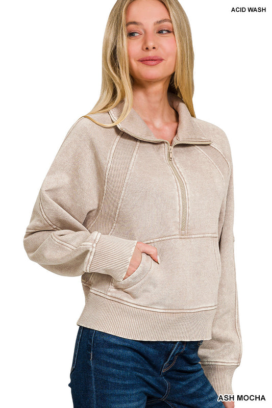 Acid Wash Half Zip Fleece Pullover by Zenana