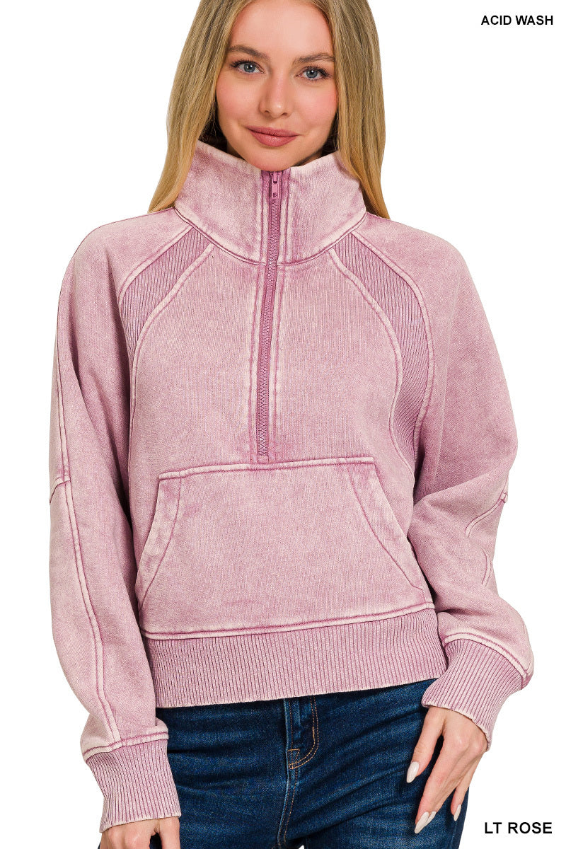 Acid Wash Half Zip Fleece Pullover by Zenana