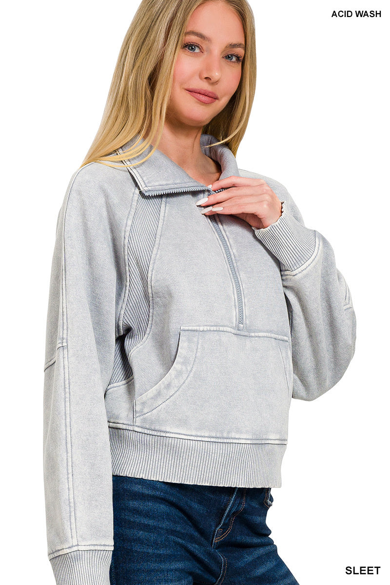 Acid Wash Half Zip Fleece Pullover by Zenana