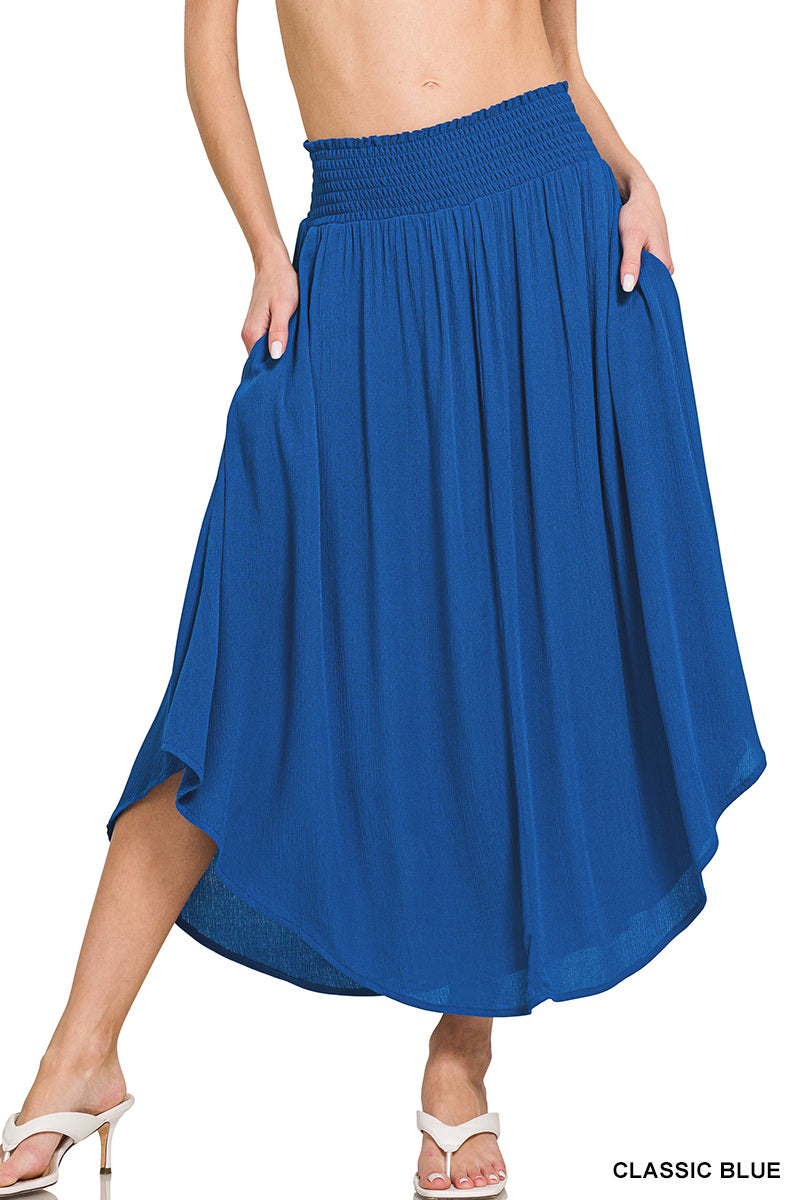 OL Woven Crinkle Smocked Waist Side Slit Maxi Skirt With Pockets