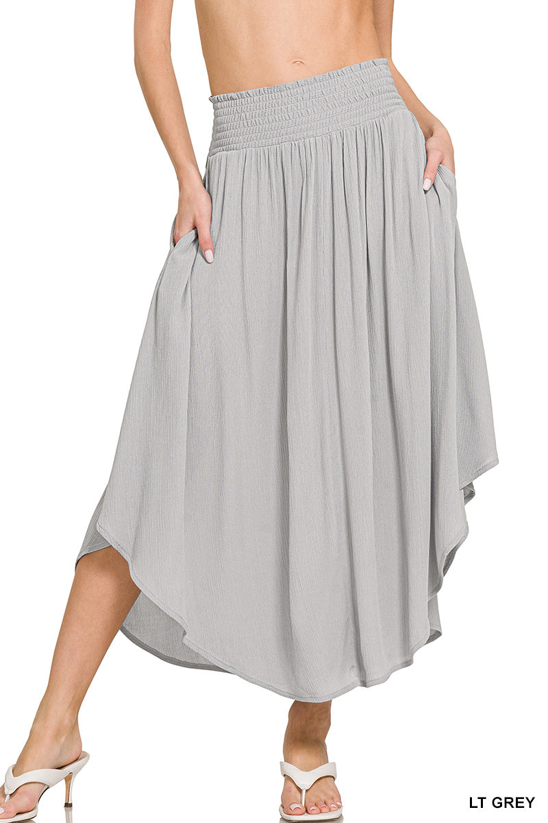 OL Woven Crinkle Smocked Waist Side Slit Maxi Skirt With Pockets