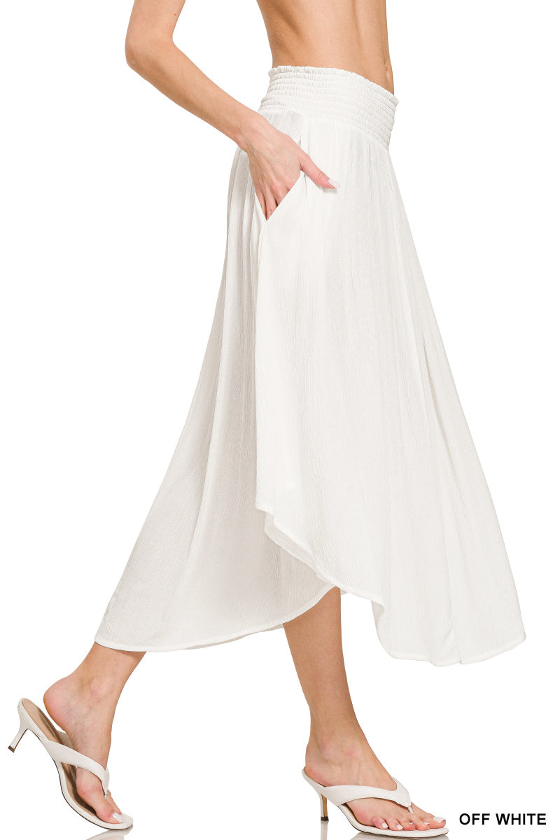 OL Woven Crinkle Smocked Waist Side Slit Maxi Skirt With Pockets