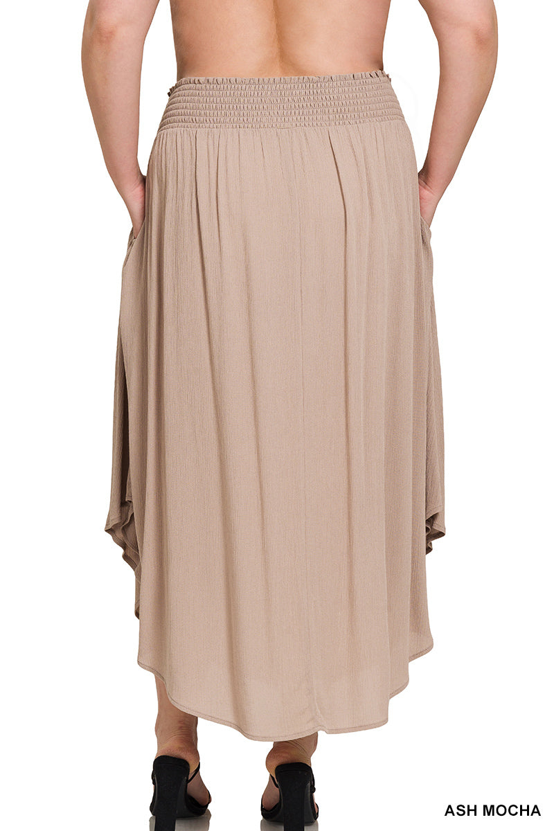 OL Plus Woven Crinkle Smocked Waist Side Slit Maxi Skirt With Pockets