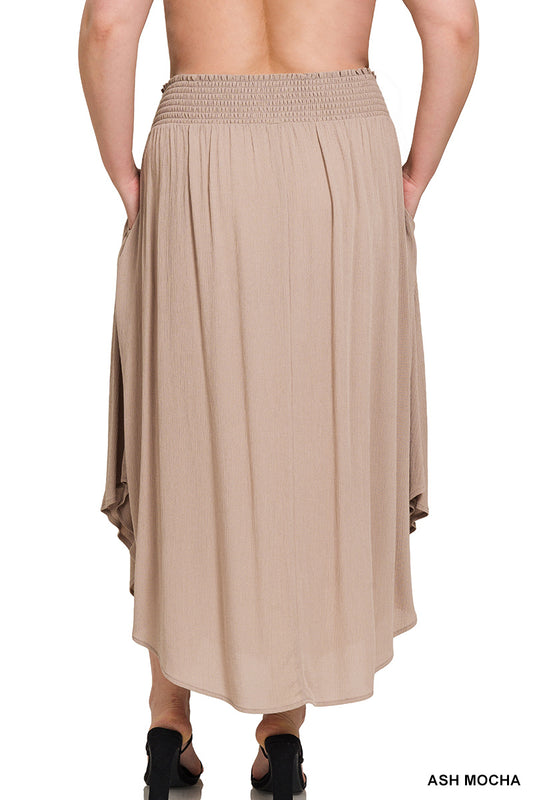 OL Plus Woven Crinkle Smocked Waist Side Slit Maxi Skirt With Pockets