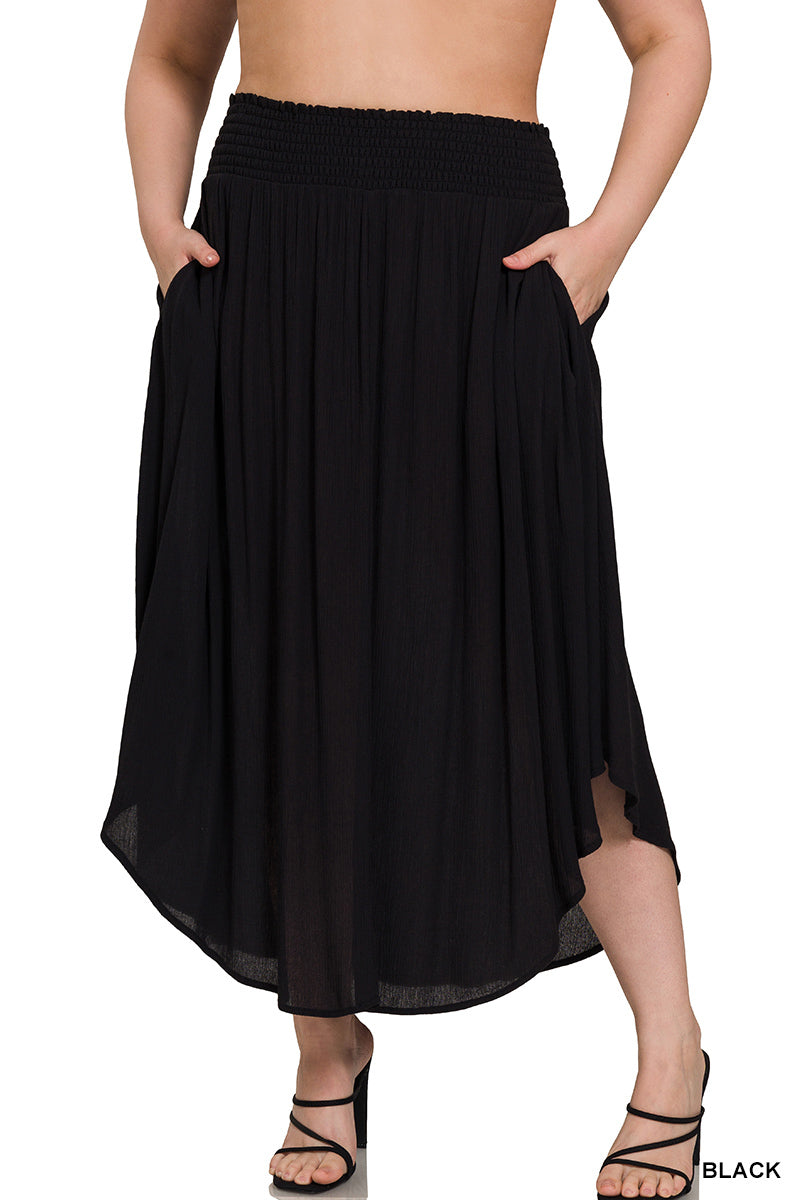 OL Plus Woven Crinkle Smocked Waist Side Slit Maxi Skirt With Pockets