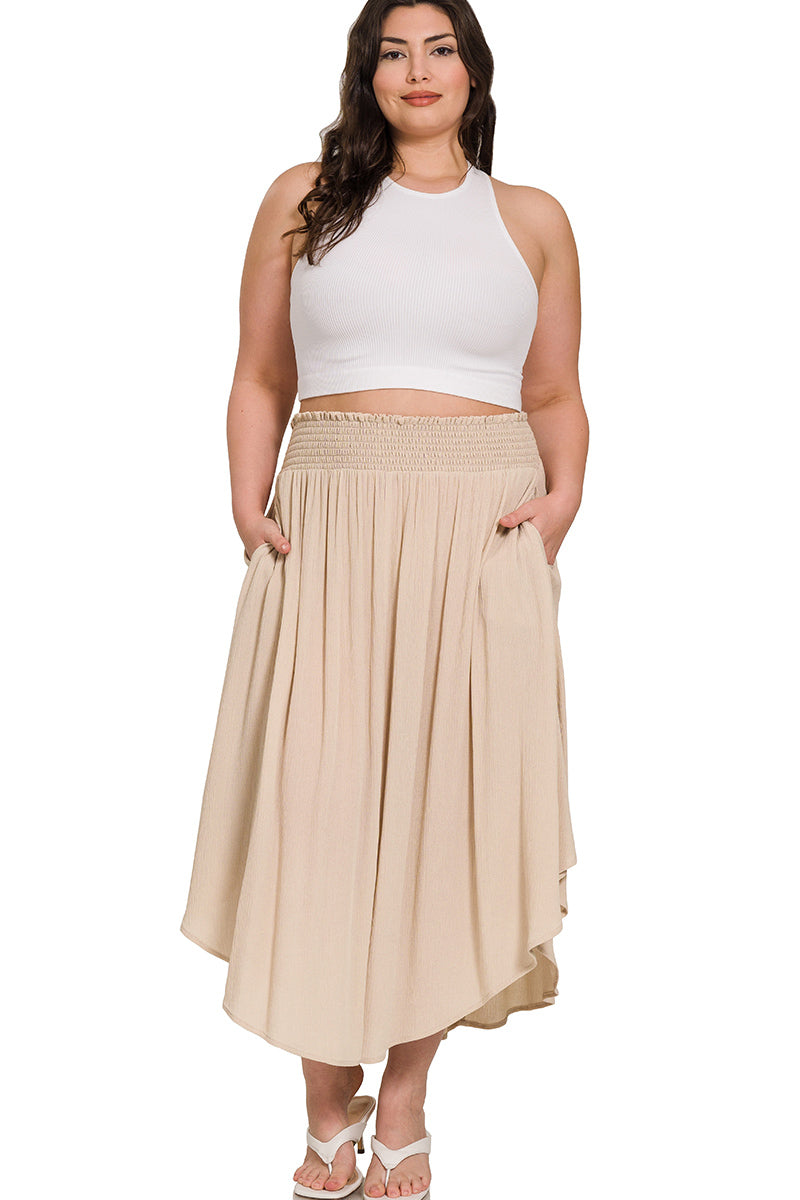 OL Plus Woven Crinkle Smocked Waist Side Slit Maxi Skirt With Pockets