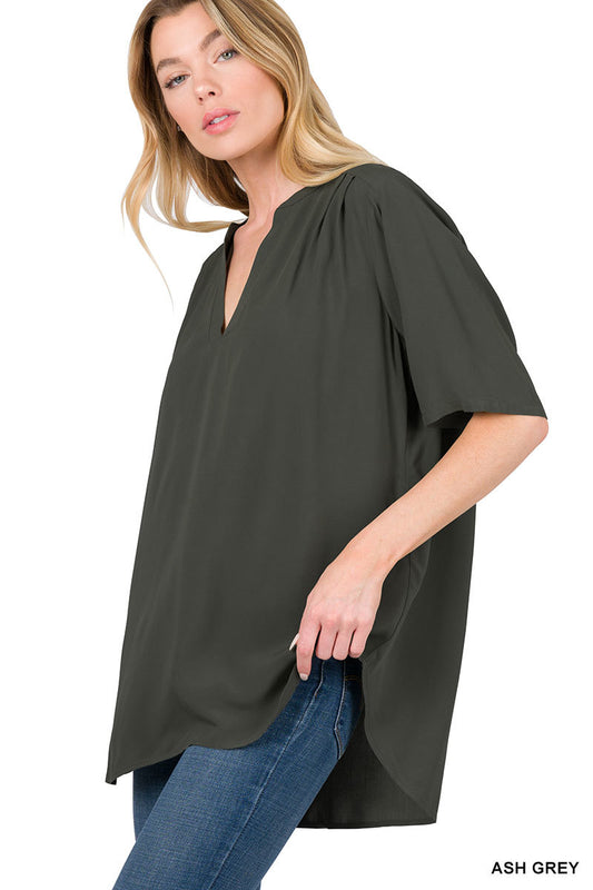 Woven Split Neck Short Sleeve Top