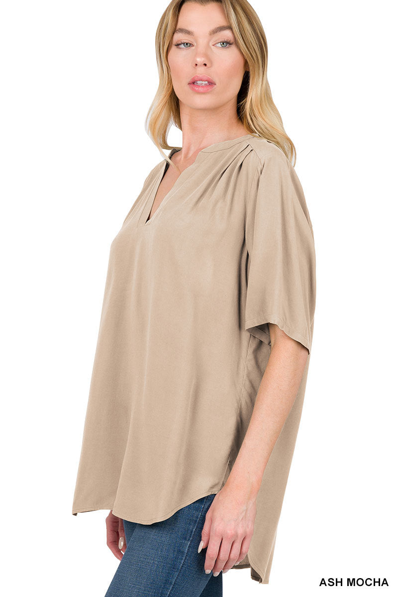 Woven Split Neck Short Sleeve Top