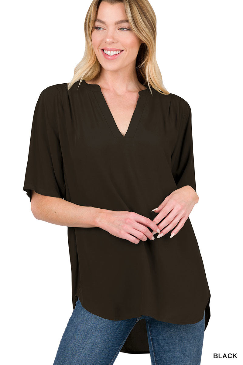 Woven Split Neck Short Sleeve Top