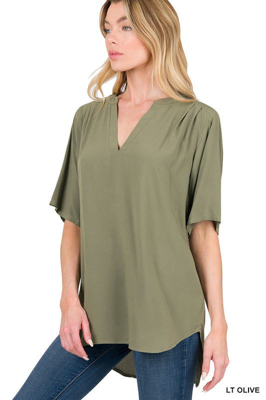 Woven Split Neck Short Sleeve Top