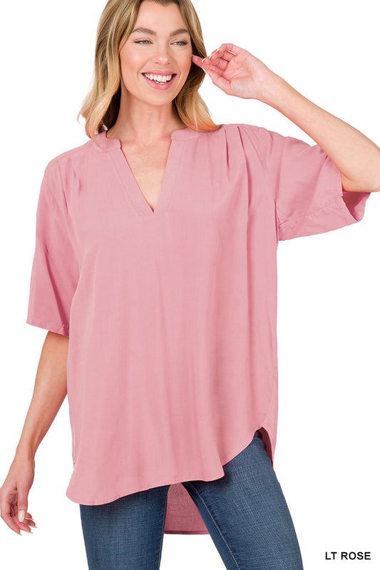 Woven Split Neck Short Sleeve Top