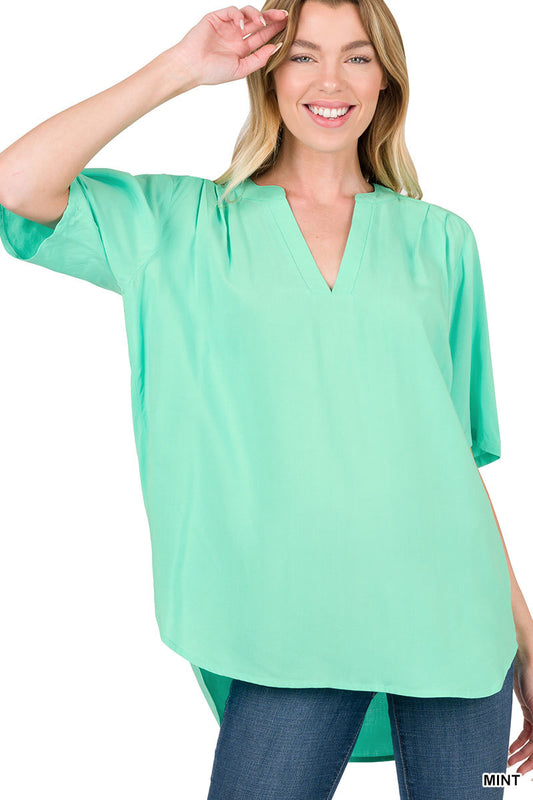 Woven Split Neck Short Sleeve Top