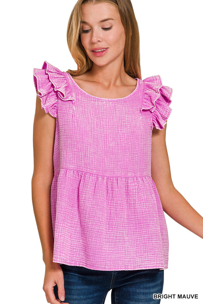 OL Double Gauze Acid Washed Tiered Ruffle Peplum - Tiered Ruffle Sleeve