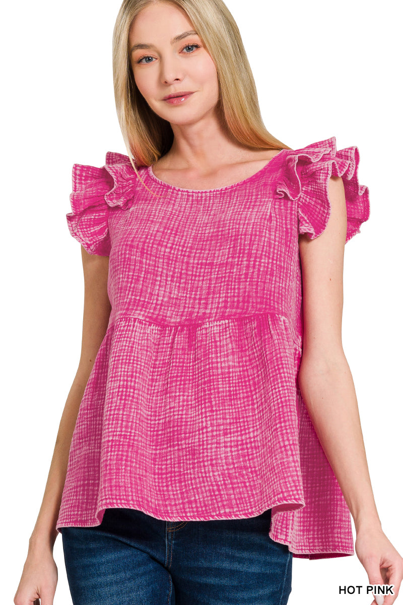 OL Double Gauze Acid Washed Tiered Ruffle Peplum - Tiered Ruffle Sleeve