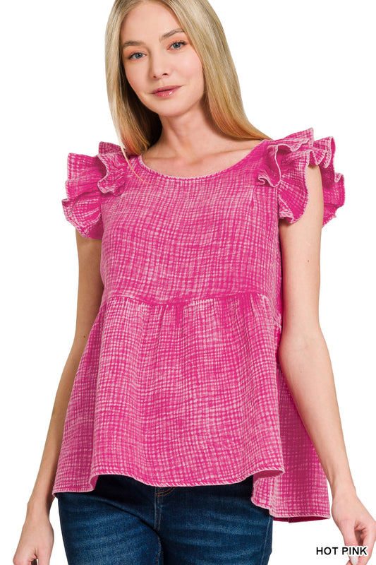 OL Double Gauze Acid Washed Tiered Ruffle Peplum - Tiered Ruffle Sleeve