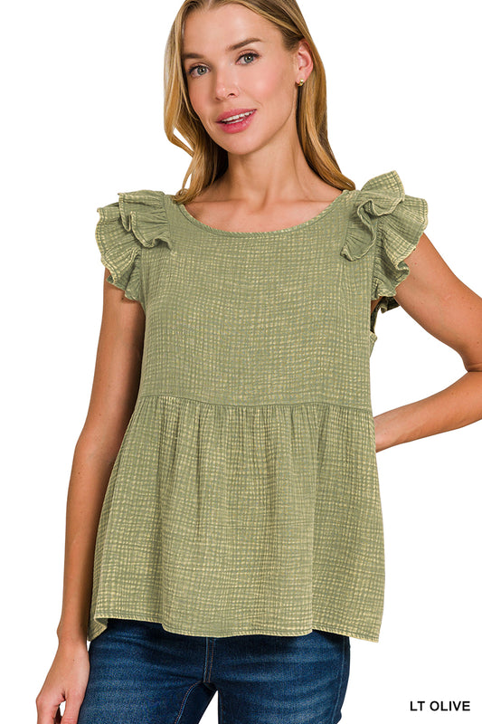 OL Double Gauze Acid Washed Tiered Ruffle Peplum - Tiered Ruffle Sleeve