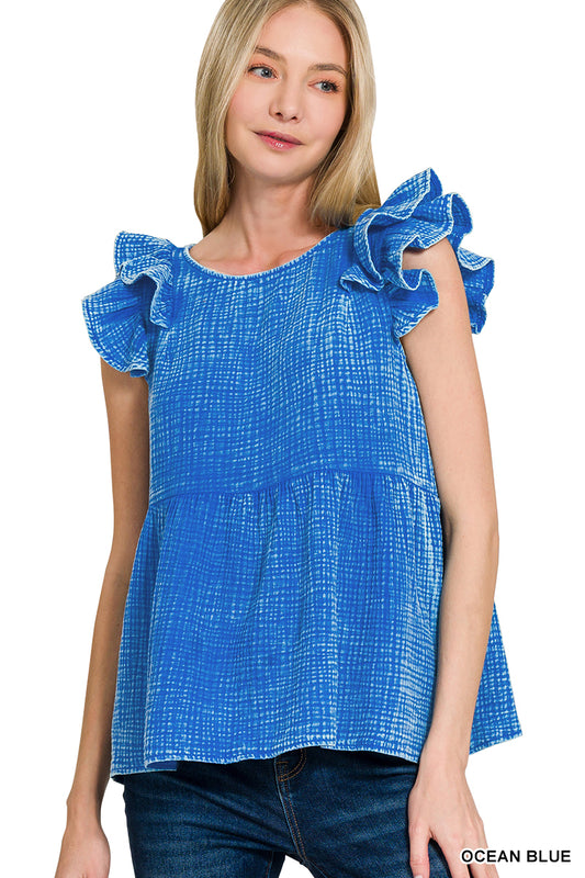 OL Double Gauze Acid Washed Tiered Ruffle Peplum - Tiered Ruffle Sleeve