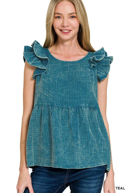 OL Double Gauze Acid Washed Tiered Ruffle Peplum - Tiered Ruffle Sleeve