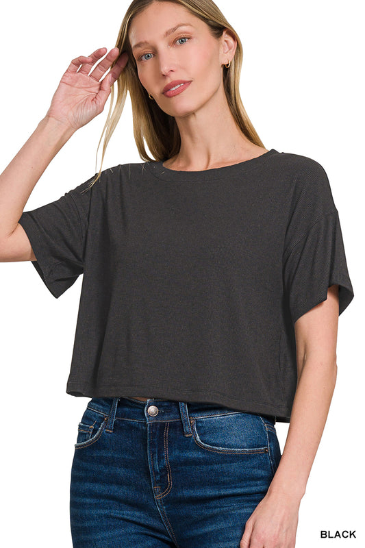 OL Ribbed Round-Neck Crop Box Tee