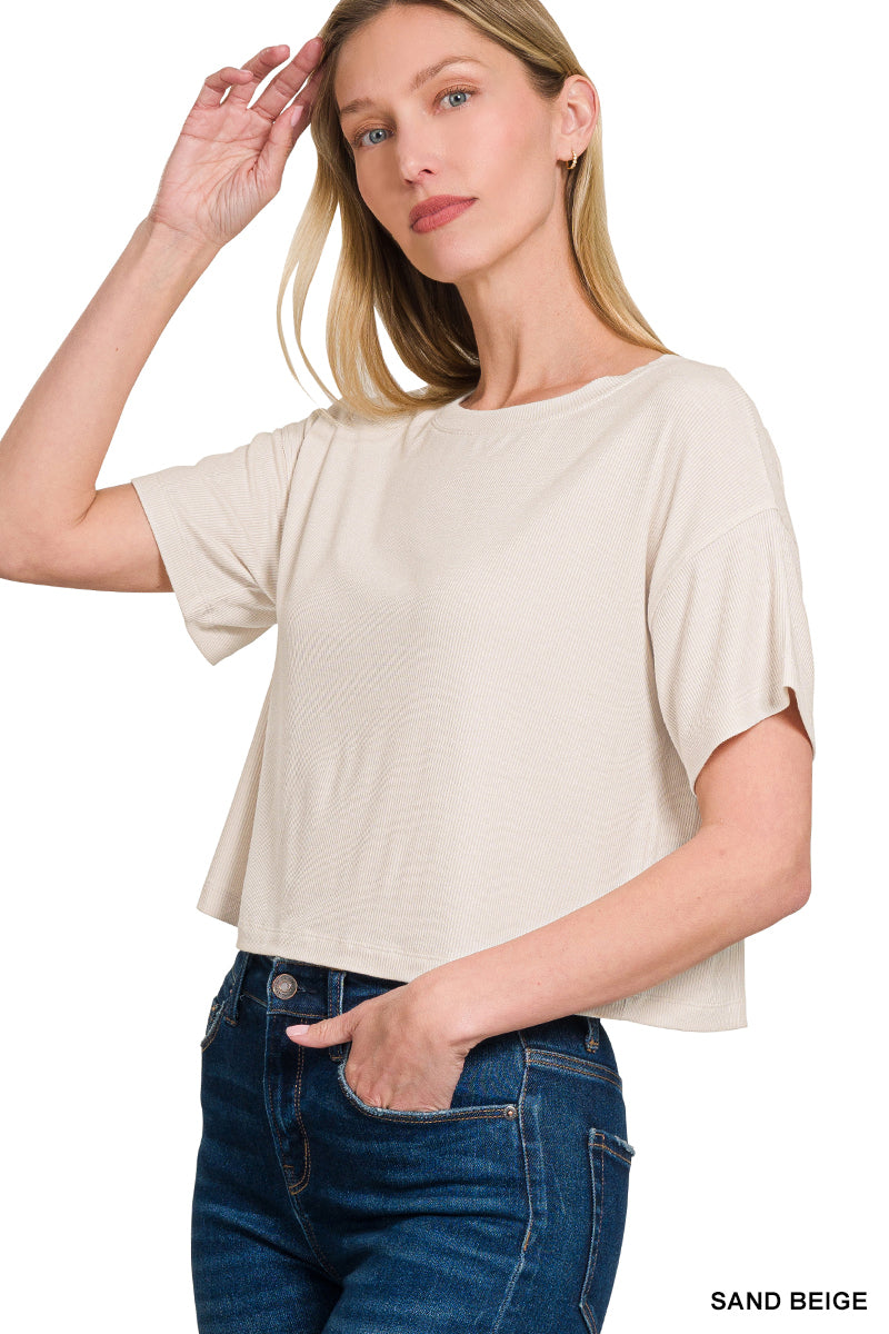 OL Ribbed Round-Neck Crop Box Tee