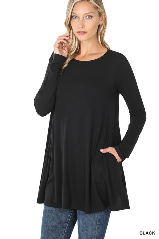 Long Sleeve Flared Top with Pockets by Zenana