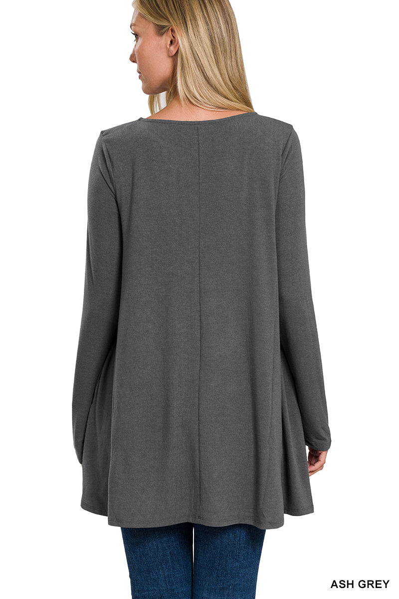 Long Sleeve Flared Top with Pockets by Zenana