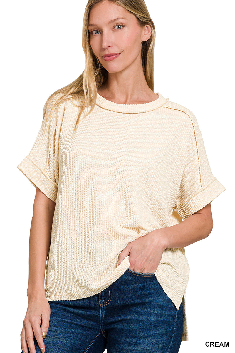 Ribbed Cuffed Short Sleeve Top