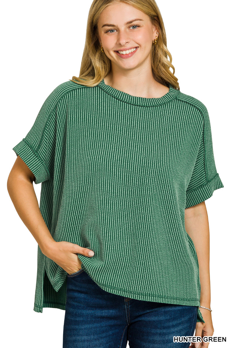 Ribbed Cuffed Short Sleeve Top