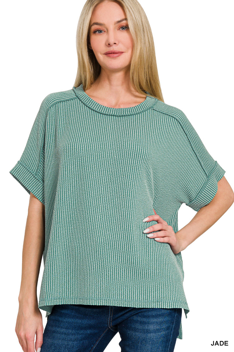 Ribbed Cuffed Short Sleeve Top