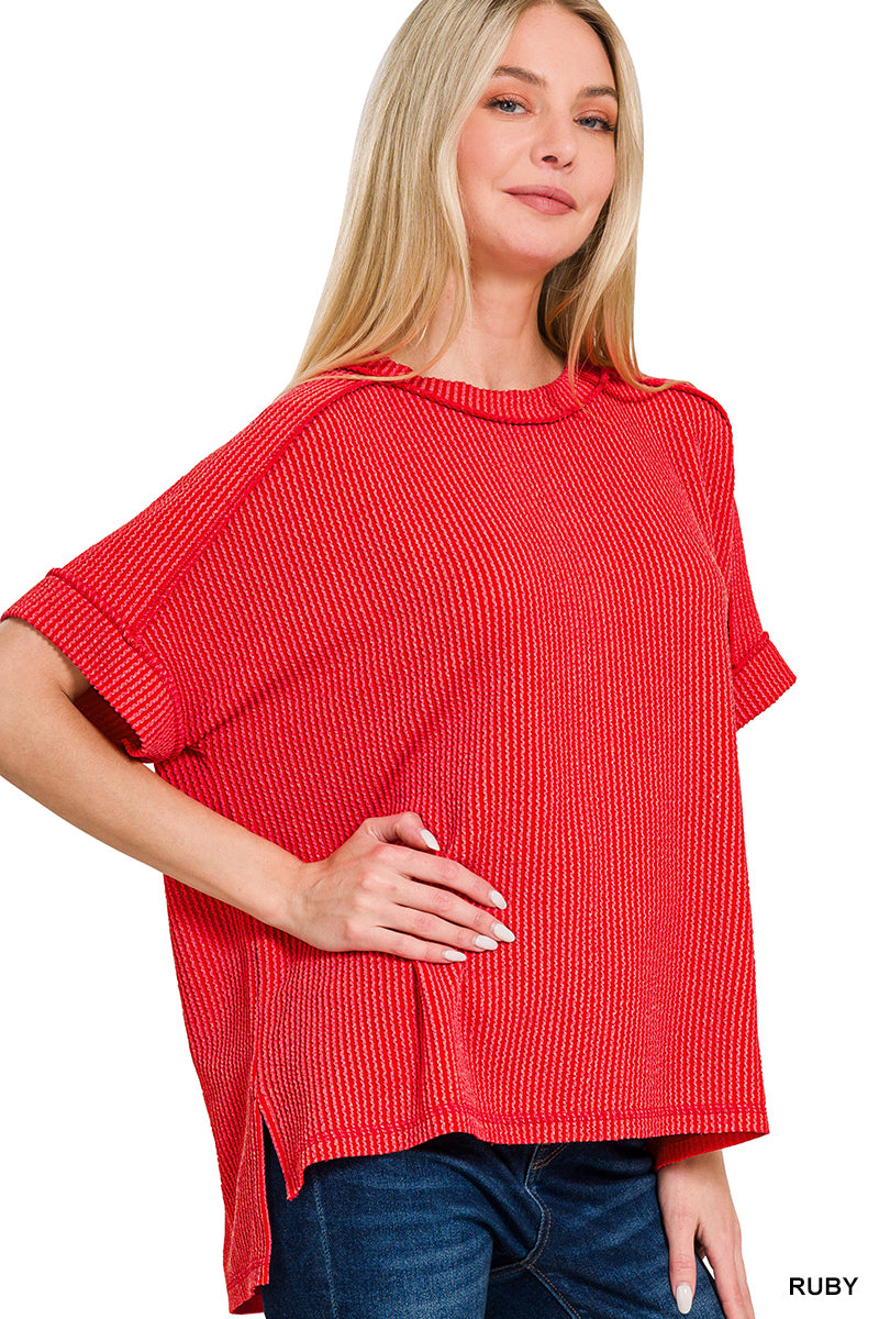 Ribbed Cuffed Short Sleeve Top