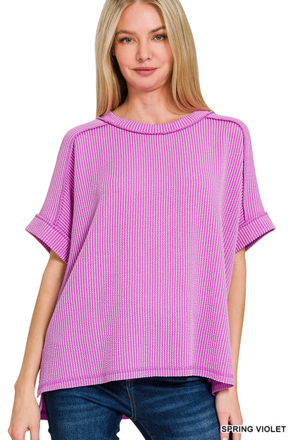 Ribbed Cuffed Short Sleeve Top
