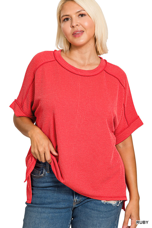 OL Plus Size Short Sleeve Cuffed Ribbed Top