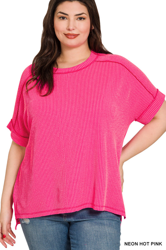 OL Plus Size Short Sleeve Cuffed Ribbed Top