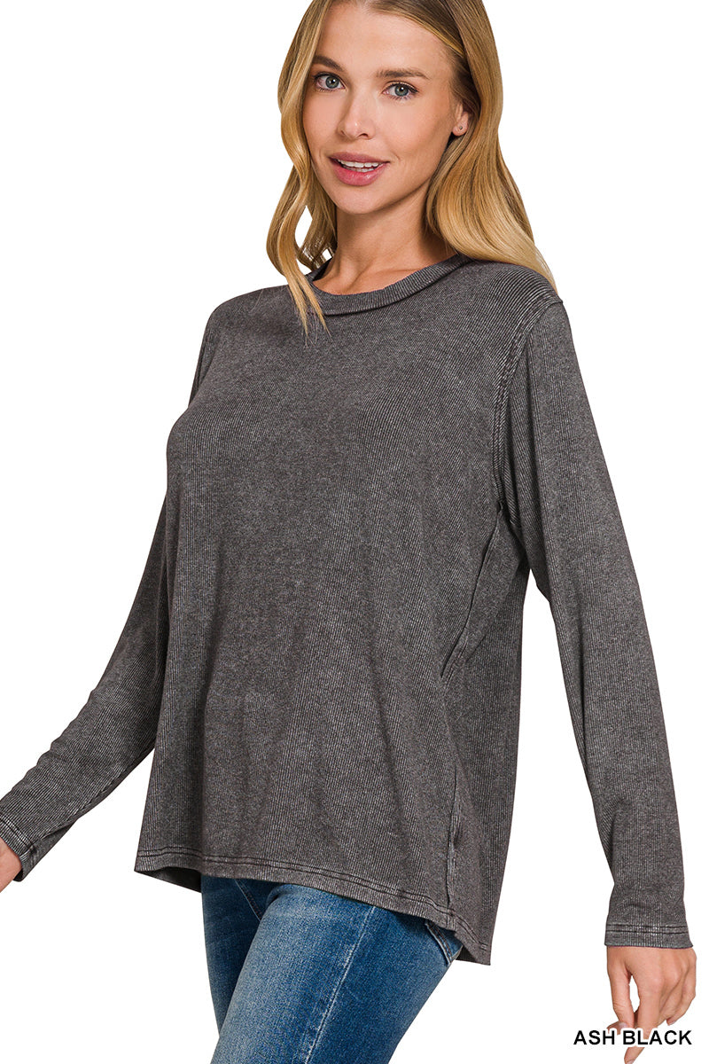 Washed Ribbed Long Sleeve Top